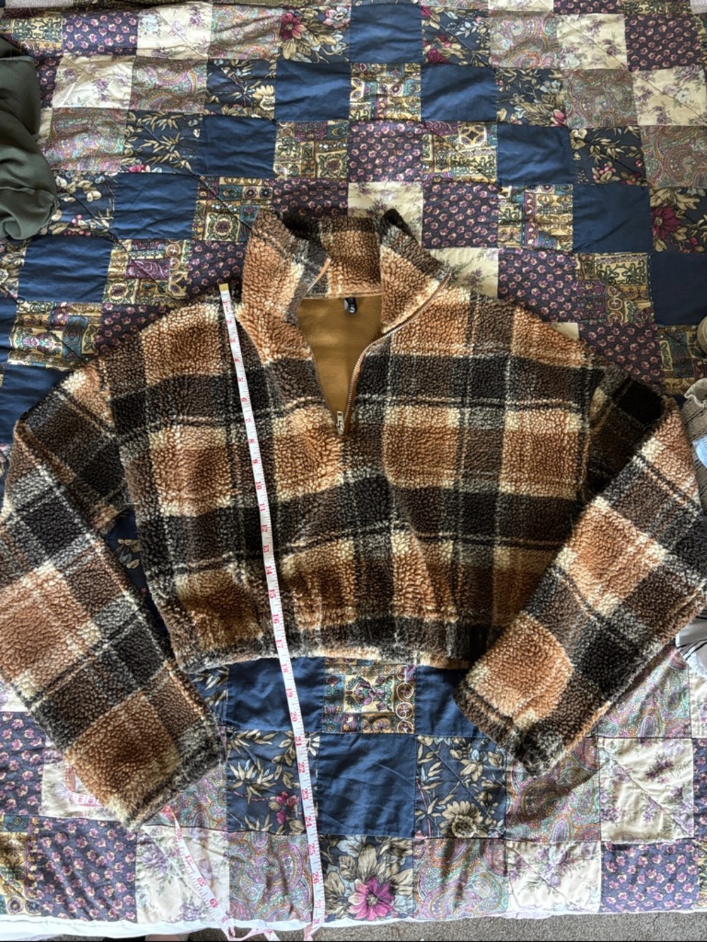 Cozy Plaid Sherpa Half-Zip Jacket in Brown & Black